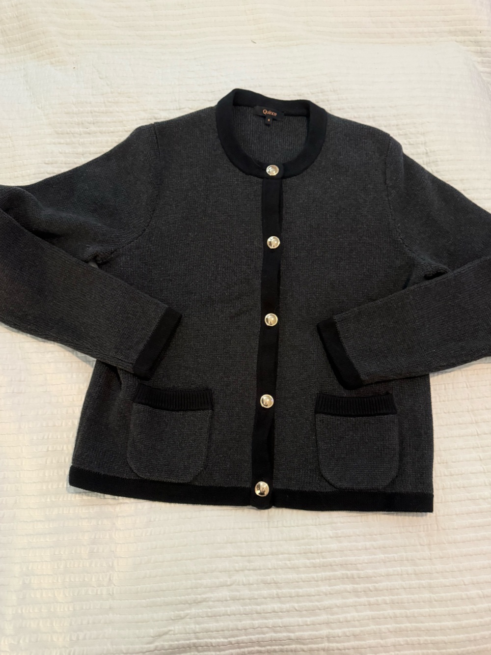 Quince Organic Cotton Charcoal Knit Button-Front Cardigan Jacket EUC 0775